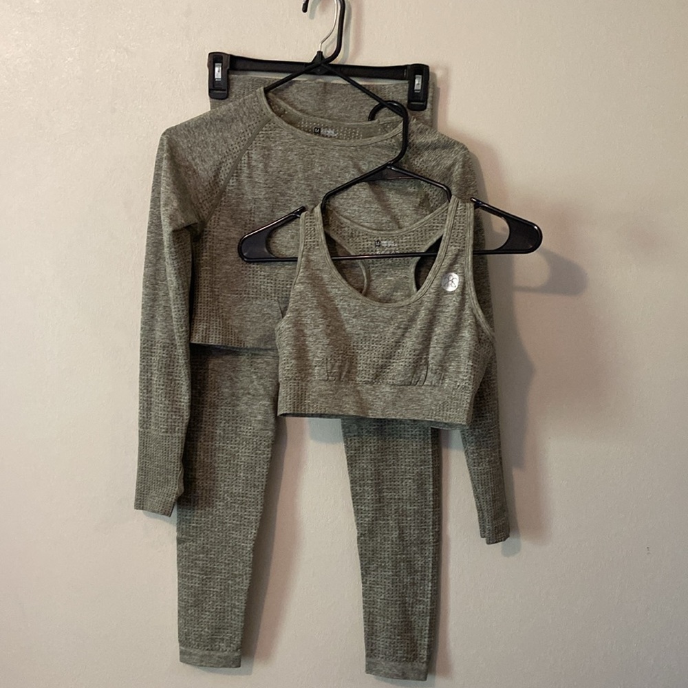 Green 3 Piece workout set leggings with cropped long-sleeve top and Sports Bra